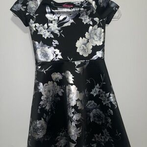 Aqua Black and Silver Floral Kids Dress